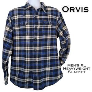 Orvis Mens Flannel Shacket Shirt Jacket XL Blue White Plaid Heavyweight Pockets